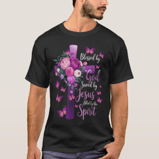 Blessed By God Saved By Jesus Purple Floral Cross  T-Shirt