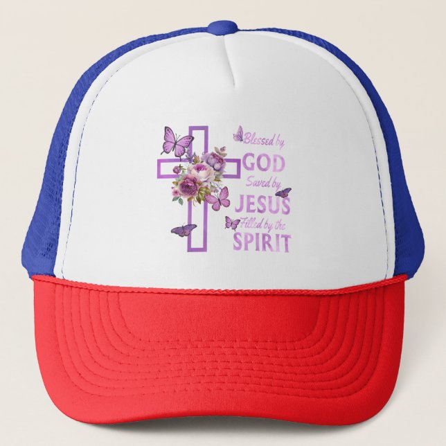 Blessed by God Saved by Jesus Purple Floral Cross  Trucker Hat (Front)