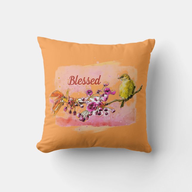 Blessed Cherry Blossoms and Finch Lumbar Pillow (Front)