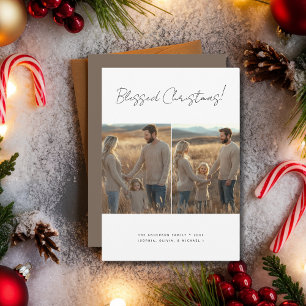 Blessed Christmas Christian Family Photo Gray Holiday Card