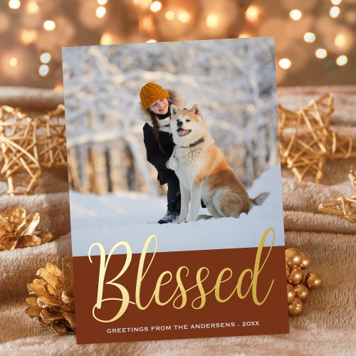  Blessed Christmas Custom Photo  Foil Holiday Card