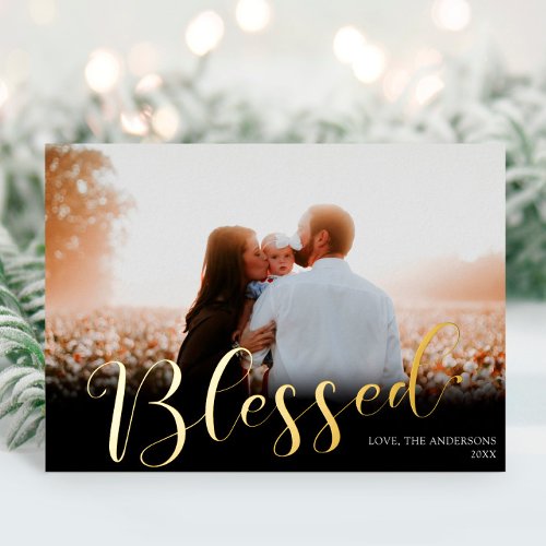 Blessed Christmas Elegant black gold foil photo Foil Holiday Card