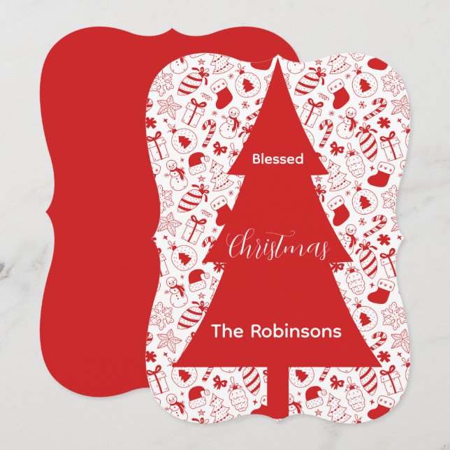 Blessed Christmas Red Christmas Tree Doodle Art Holiday Card (Front/Back)