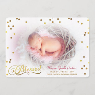 Blessed Confetti Photo Girl Birth Announcement