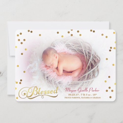 Blessed Confetti Photo Girl Birth Announcement