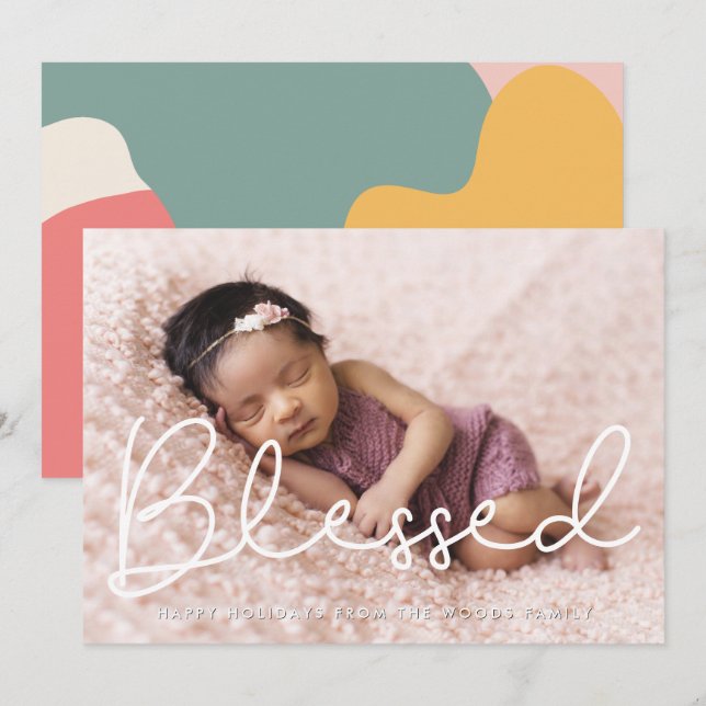 Blessed Cute Script Inspirational Photo Holiday Card (Front/Back)