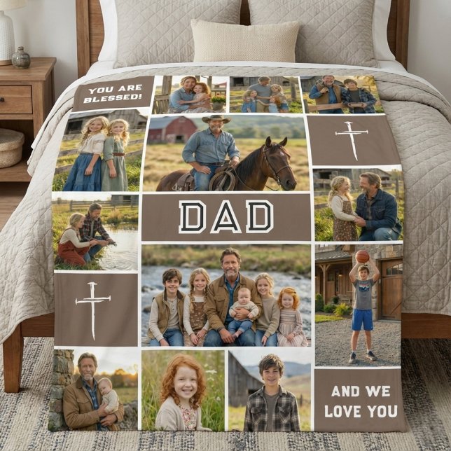 Blessed Dad 12 Photo Collage Custom Text Fleece Blanket (Creator Uploaded)