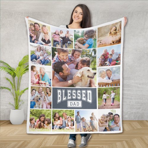 Blessed Dad 15 Photo Collage Fleece Blanket