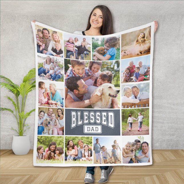 Blessed Dad 15 Photo Collage Fleece Blanket (Creator Uploaded)