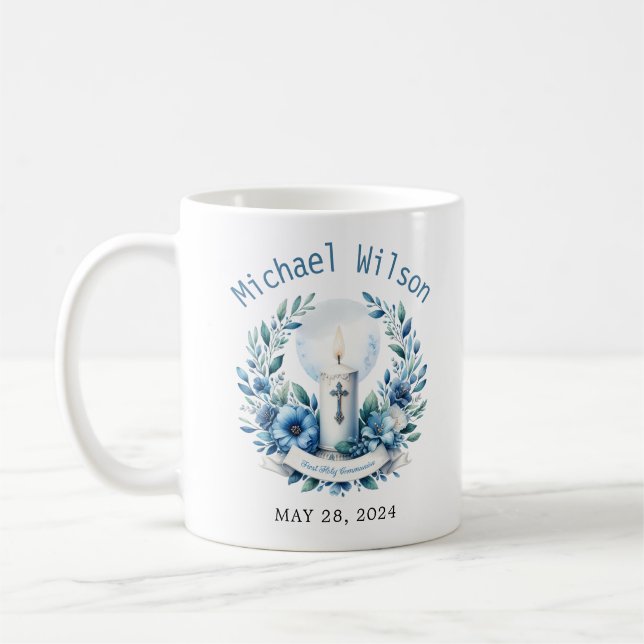 Blessed Day First Holy Communion Floral Coffee Mug (Left)