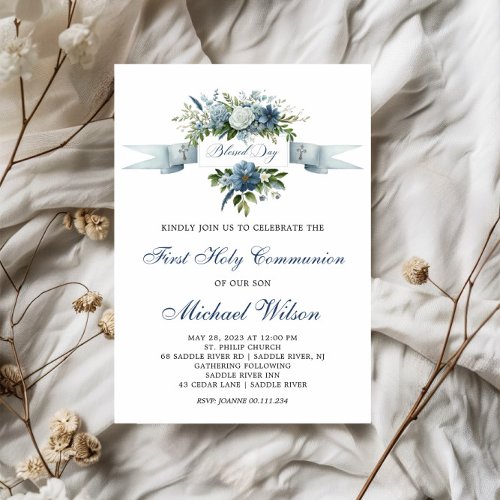 Blessed Day First Holy Communion Floral Invitation