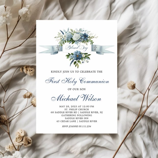 Blessed Day First Holy Communion Floral Invitation (Creator Uploaded)