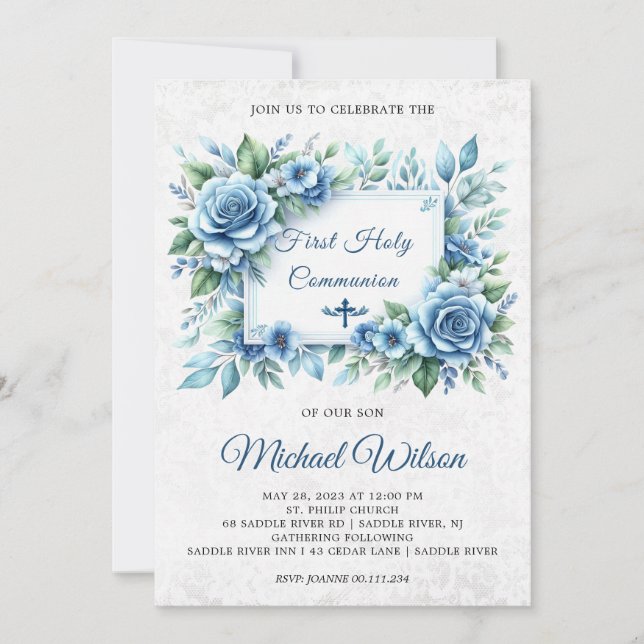 Blessed Day First Holy Communion Floral Invitation (Front)
