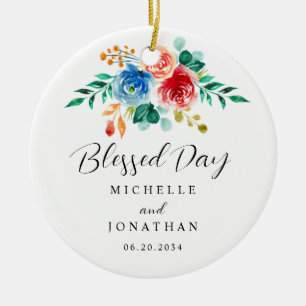 Blessed Day Pink Blue Floral Bible Verse Wedding Ceramic Ornament
