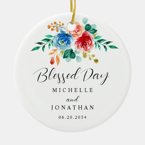 Blessed Day Pink Blue Floral Bible Verse Wedding Ceramic Ornament