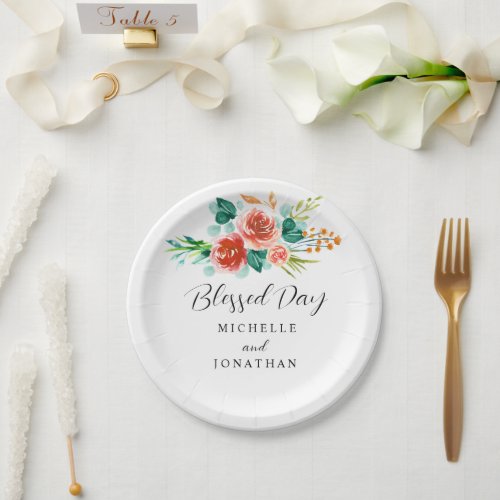Blessed Day Pink Blue Floral Inspirational Wedding Paper Plates