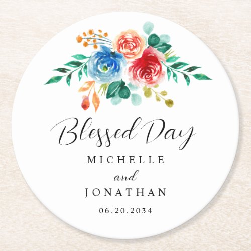 Blessed Day Pink Blue Floral Inspirational Wedding Round Paper Coaster