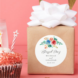 Blessed Day Pink Blue Floral Watercolor Wedding  Classic Round Sticker