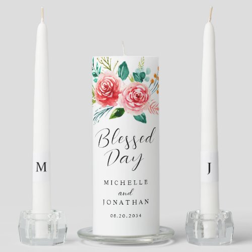 Blessed Day Pink Floral Inspirational Wedding Unity Candle Set