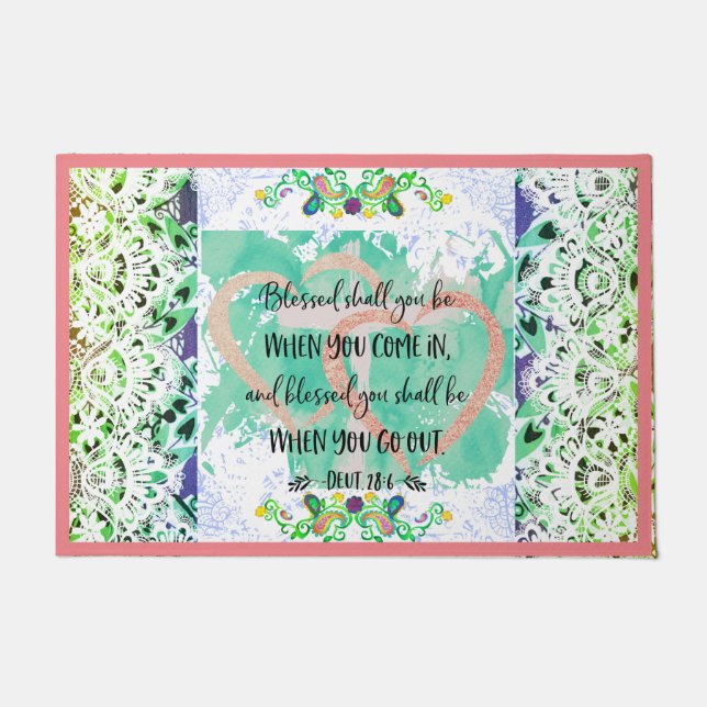 "Blessed" Deuteronomy 28:6  cross heart  lace Doormat (Front)
