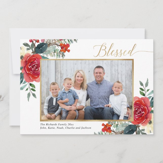 Blessed elegant red floral watercolor photo card (Front)