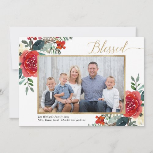 Blessed elegant red floral watercolor photo card