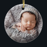 Blessed | Elegant Script Overlay Photo Christmas Ceramic Ornament<br><div class="desc">This beautiful Christmas ornament says "Blessed" in elegant script typography, over your personal photo. The back of the ornament also shows that photo, but this time underneath an overlay with more text describing the photo. Perfect for baby's first Christmas, first year as a new family, or for the newlywed couple...</div>