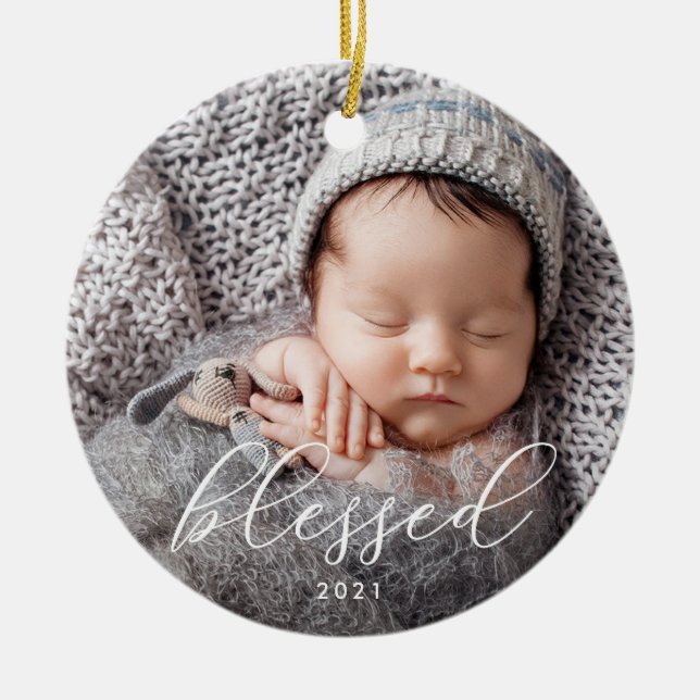Blessed | Elegant Script Overlay Photo Christmas Ceramic Ornament (Front)