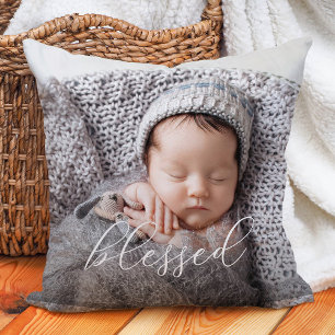 Blessed Elegant Script Overlay Photo Throw Pillow