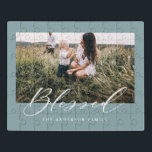 Blessed elegant stylish photo family jigsaw puzzle<br><div class="desc">Blessed elegant stylish photo family design. Duck egg blue background color can be customized.</div>