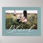 Blessed elegant stylish photo family poster<br><div class="desc">Blessed elegant stylish photo family design. Duck egg blue background color can be customized.</div>