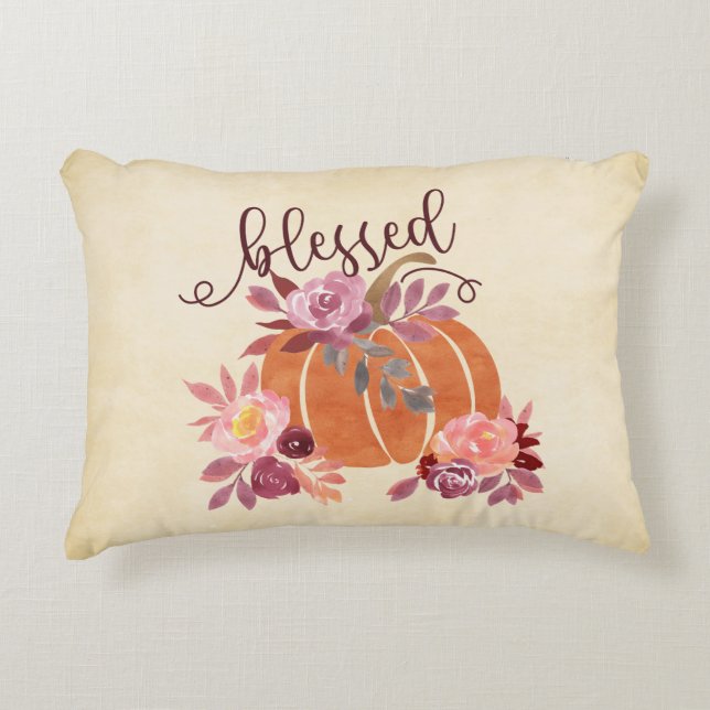 Blessed - Fall Pumpkin with Pink Flowers Accent Pillow (Front)