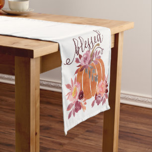 Blessed - Fall Pumpkin with Pink Flowers Short Table Runner
