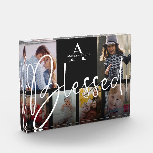 Blessed Family Name Script Monogram Photo Collage Block (Left)