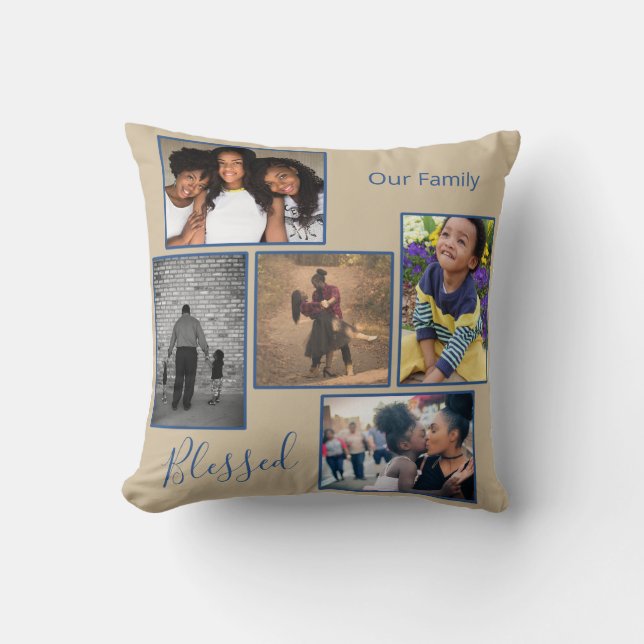Blessed Family Photo Collage Personalized Throw Pillow (Front)
