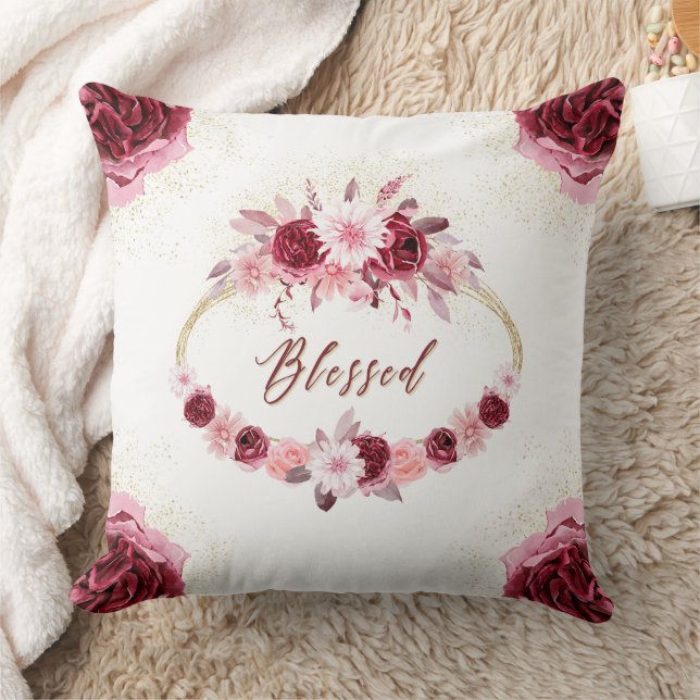 BLESSED Fancy Script Burgundy Floral Gold Wreath Throw Pillow (Blanket)
