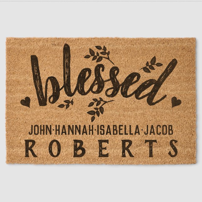 Blessed Farmhouse Leaves Personalized Family Name Fiber Doormat (Front)