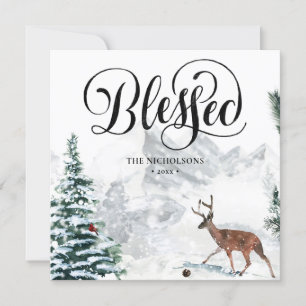 Blessed Festive Black Script Winter Snow Scenery Holiday Card