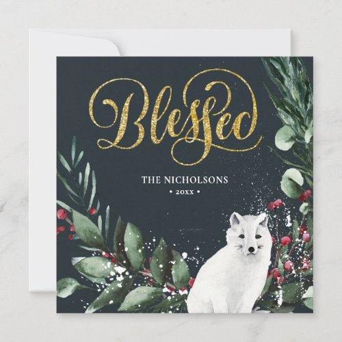 Blessed Festive Gold Script Red Berry Pine Bough Holiday Card