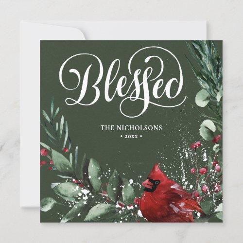 Blessed Festive Green Script Red Berry Pine Bough Holiday Card