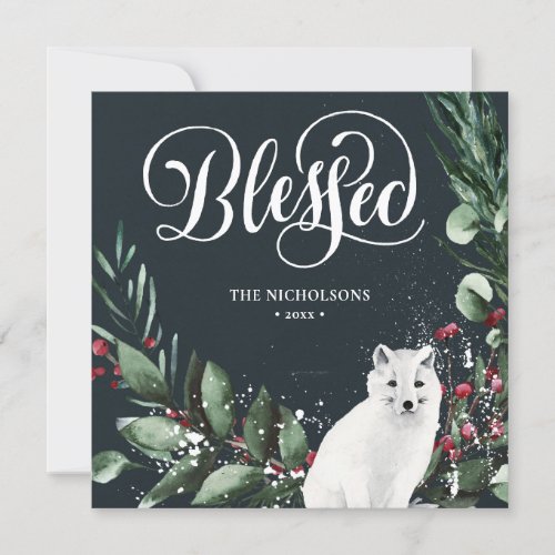 Blessed Festive Green Script Red Berry Pine Bough Holiday Card