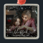 Blessed. Festive Stars Photo Overlay Christmas Metal Ornament<br><div class="desc">This beautiful Christmas ornament features your full frame photo surrounded by a bounty of festive white sparkling stars. The caption reads: blessed - written in elegant handwriting script. There is space for your name and the year. Beautiful as a gift or annual family holiday keepsake or memento.</div>