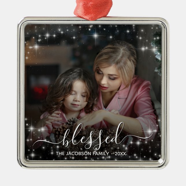 Blessed. Festive Stars Photo Overlay Christmas Metal Ornament (Front)
