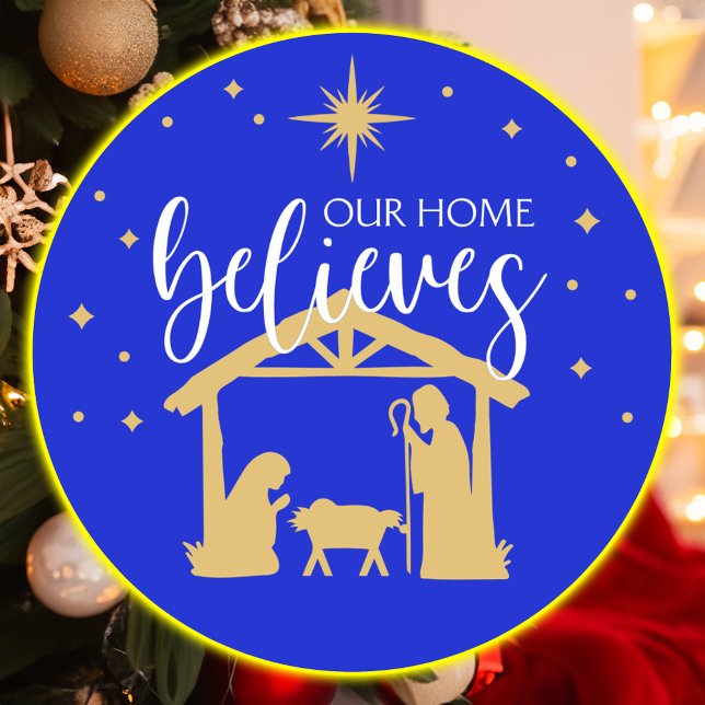 Blessed First Home Christmas Nativity Scene Classic Round Sticker (Our Home Believes Christian Family Sticker)
