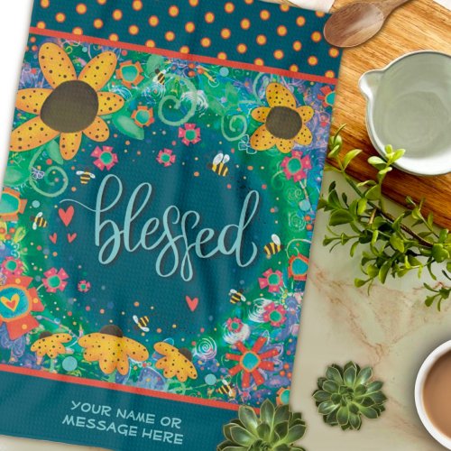 Blessed Floral Bees Hearts Fun Quote Name  Kitchen Towel