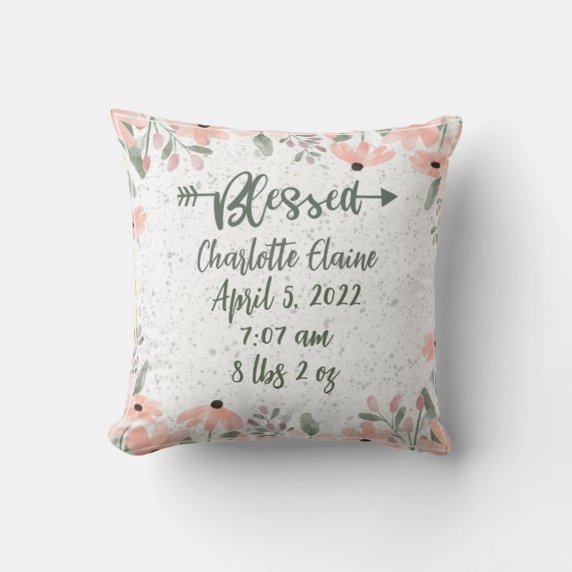 Blessed Floral Birth Stats Throw Pillow (Front)