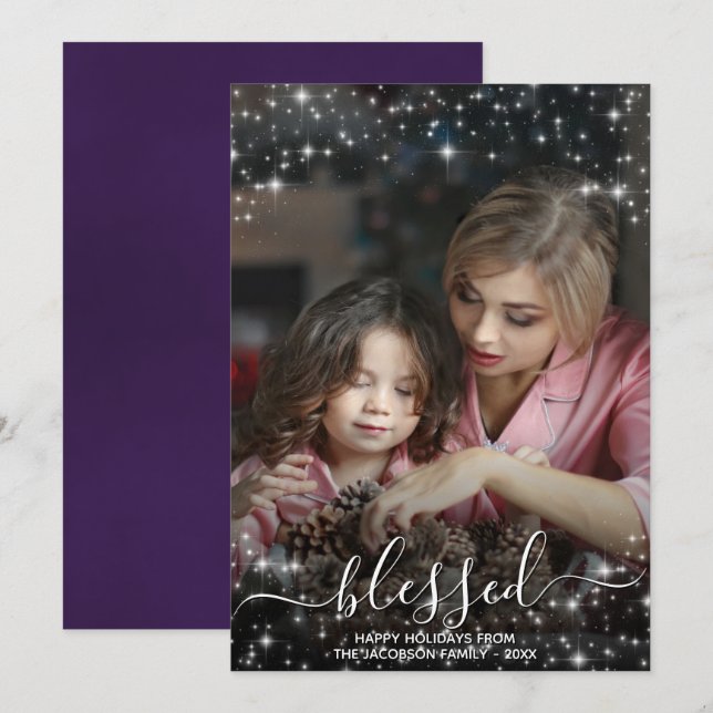 Blessed Full Photo with Sparkles Plum Christmas Holiday Card (Front/Back)