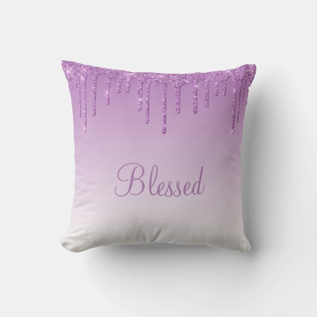Blessed Glitter Drip Girly Bling Typography Ombré Throw Pillow (Front)