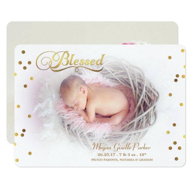 Blessed Gold Confetti Photo Birth Announcement
