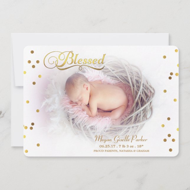 Blessed Gold Confetti Photo Birth Announcement (Front)